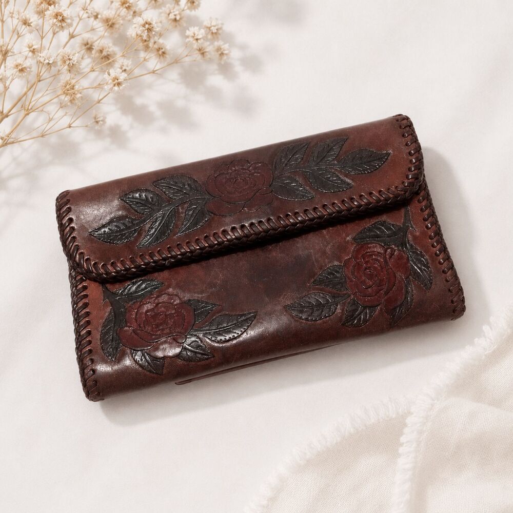 Vintage Hand Tooled Leather Rose Design Wallet Clutch Kiss Lock Billfold